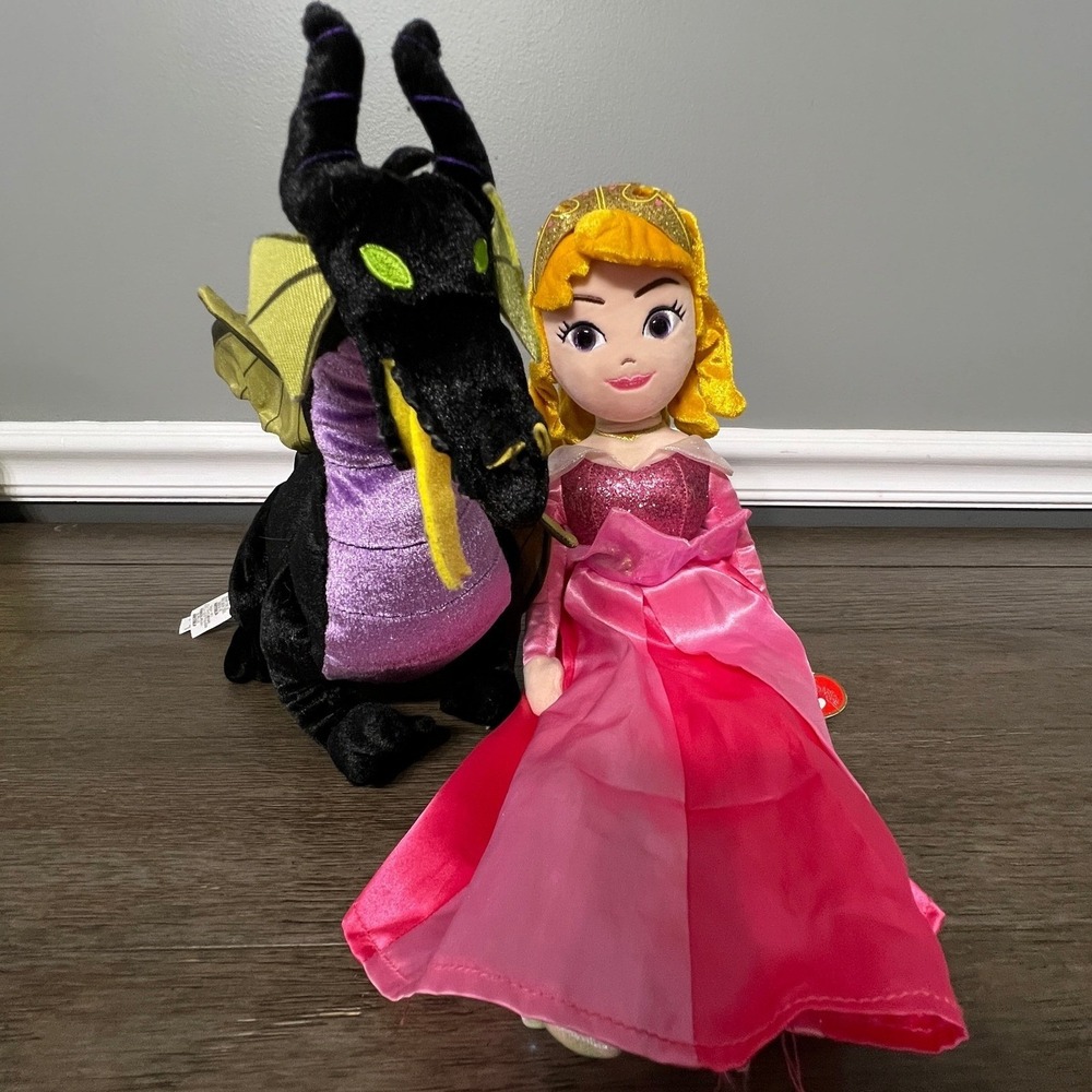 Disney Sleeping Beauty Aurora Ty Sparkle Plush & Maleficent Dragon 11" Doll Set